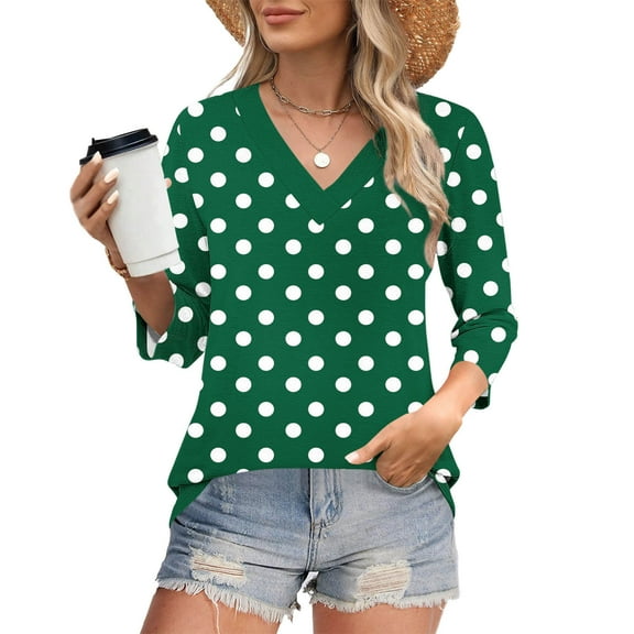 Blmnix Relaxed Loose Shirts for Women Polka Dot Womens Tops Dressy Casual Green V-Neck 3/4 Sleeve Tops