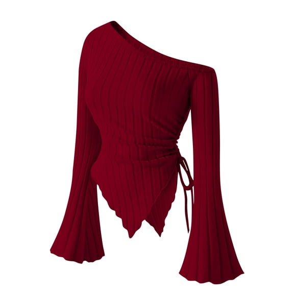Blmnix Ribbed Cute Womens Tops Office Work Red Women Work Tops Boat Neck Long Sleeve Blouses