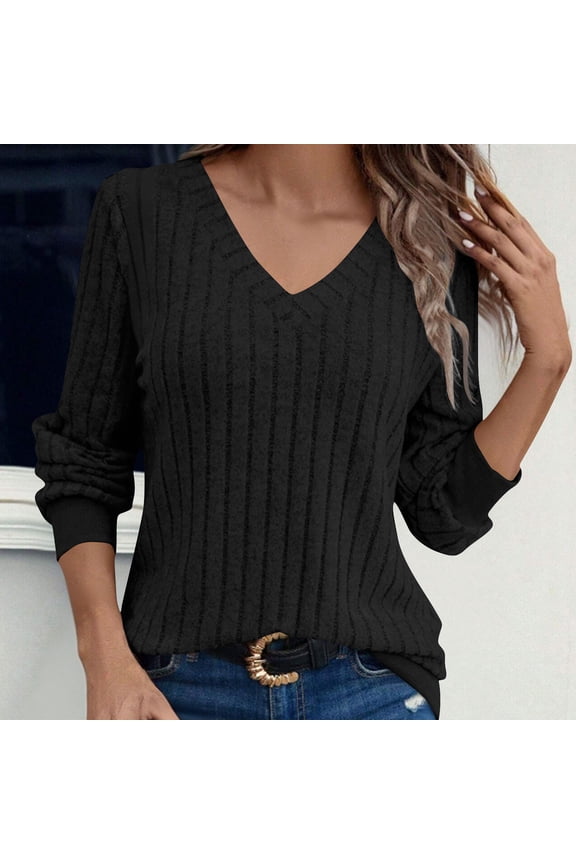 Ribbed Plus Size Blouses for Curvy Women Trendy 2025 Black Oversized Workout Shirts for Women Long Sleeve V-Neck Blouses