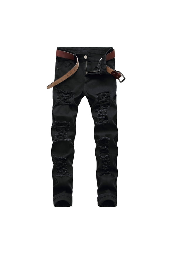 Ripped Jeans Men Pants Stretch Jeans Skinny Low Rise Cargo Sweatpants Long Slim-Leg Black Summer Pants for Men,L