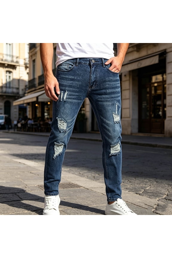 Ripped Jeans Pants Men Skinny Low Rise Cargo Stretch Jeans Pants Blue Full Slim-Leg Summer Pants for Men,L