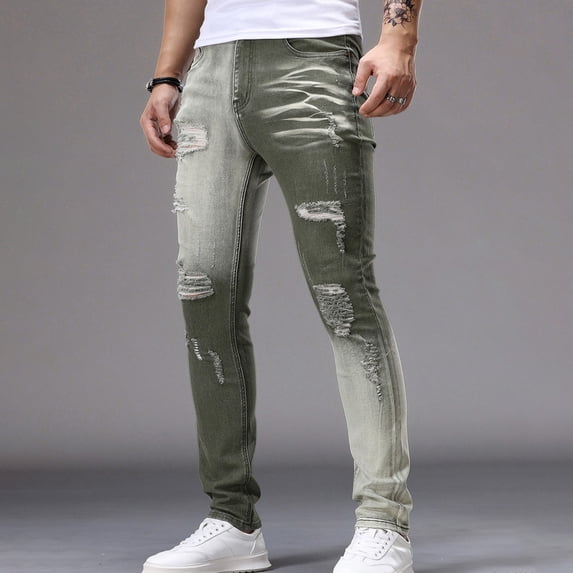Blmnix Ripped Jeans Trousers for Men Cargo Skinny Jeans Slim Fit Low Waisted Sweatpants Slim-Leg Long Green Mens Pants Casual,S