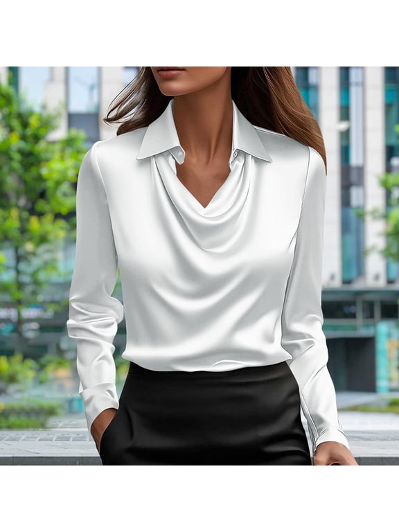 Satin Blouses for Women Business Casual Cute Casual White Long Sleeve Blouses for Women Casual Cowl Neck Blouse