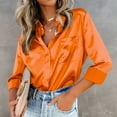 thumbnail image 1 of Blmnix Satin Button Down Shirt Orange Pocket Womens T Shirts V-Neck Long Sleeve Shirts, 1 of 7