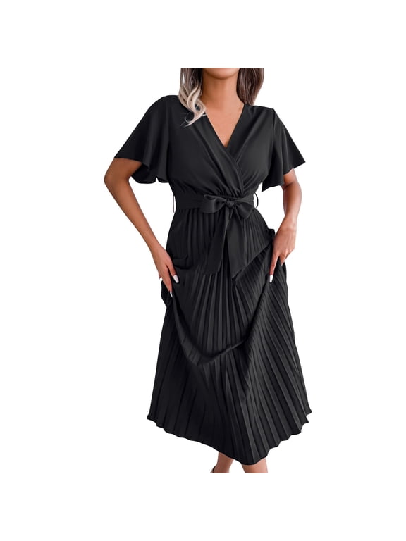 Satin Dress Women Dress Semi Formal Cocktail Dresses Fit & Flare Under Dresses V-Neck Cocktail-Length Black Short Sleeve Belted Summer Dress M