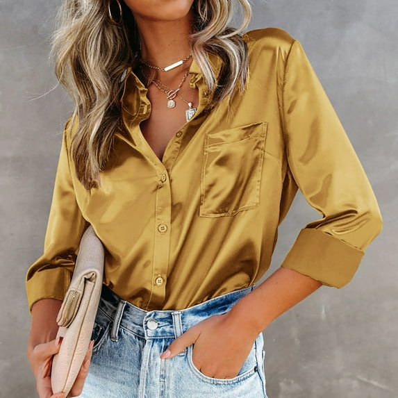 Blmnix Satin Fitted Button Up Shirts Yellow Pocket Summer Going Out Tops for Women Long Sleeve V-Neck Shirts