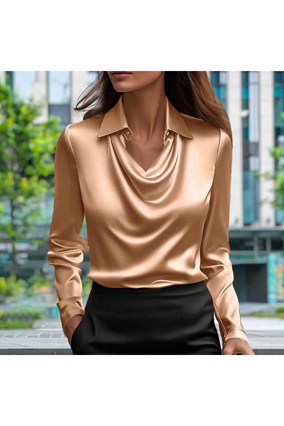 Satin Funny Tshirts Shirts for Women Loose Long Sleeve Gold Loose Fit Womens Tops Dressy Casual Cowl Neck Blouse