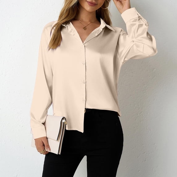 Blmnix Satin Graphic Tees for Women Buttery Soft Beige Teacher Shirts V-Neck Long Sleeve Tops