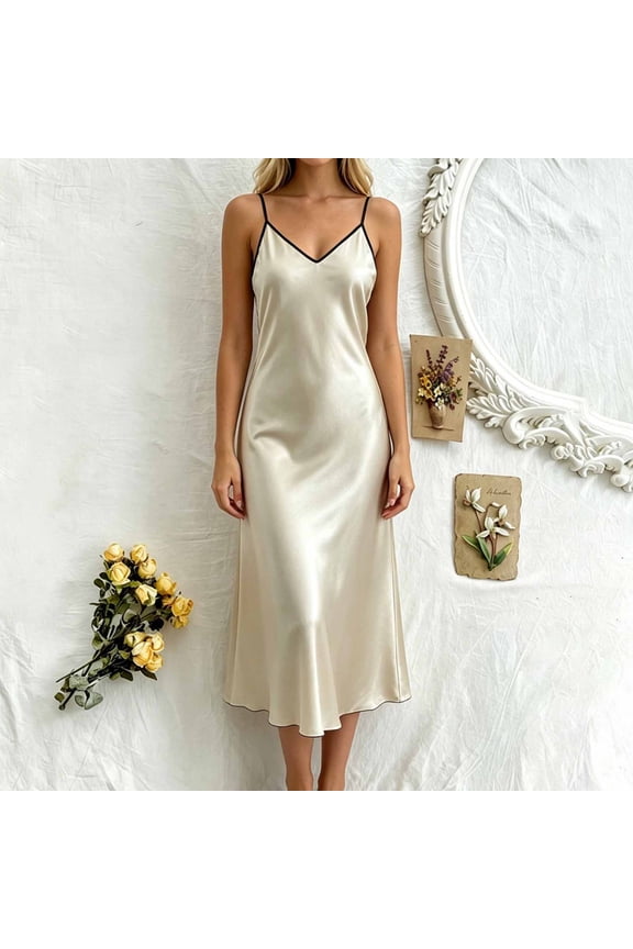 Satin Nightgown Nightgown for Women Long Nightgowns Chemises Nightshirt Below-the-Knee Yellow V-Neck Sleeveless Mumu Nightgown for Women