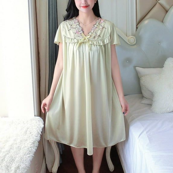 Blmnix Satin Nightgown Womens Nightgown Sexy Nightgown Sleepshirts Nightgowns Knee Length Short Sleeve V-Neck Beige Button Down Nightgown,Free Size