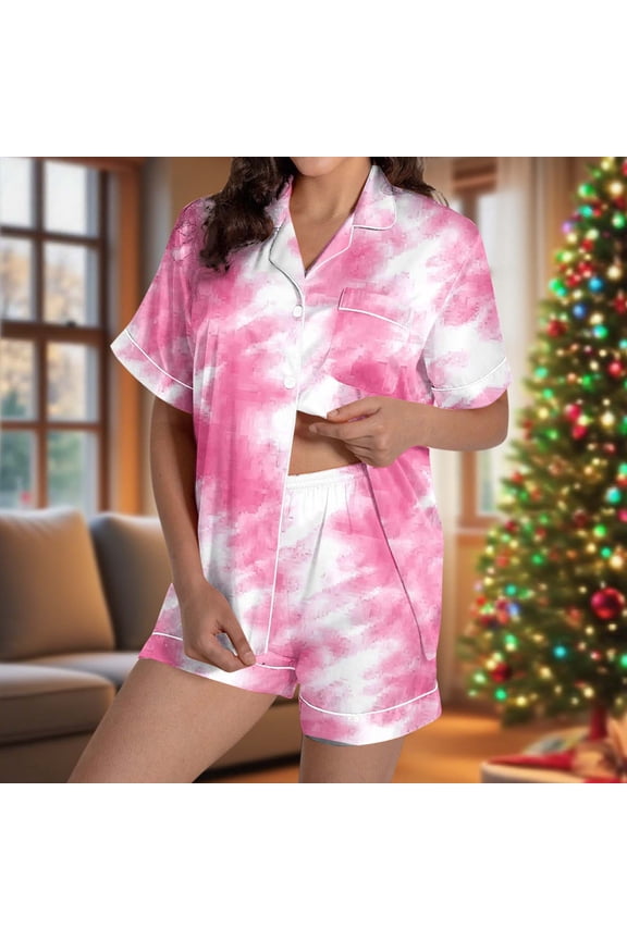 Satin Pajama Pajamas for Women Set Sexy Pajama Sleepwear Sets Pjs Pink Short Collared Short Sleeve Wide-Leg Women Pjs Sets,XXL