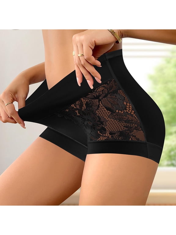 Seamless Women Underwear High Waisted Tummy Control Boyshort Briefs Lace Panties Black Plus Size Underwear,XL
