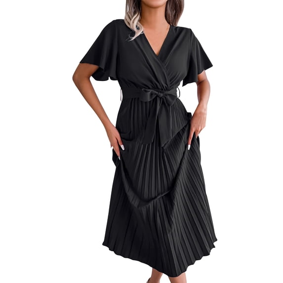 Blmnix Semi Formal Women Dress Satin Dress Fit & Flare Cocktail Dresses Dress V-Neck Black Short Sleeve Cocktail-Length Belted Summer Dresses XL