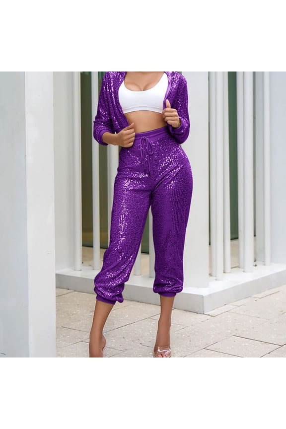 Sequin Flowy Pants Pocket Party Purple Beach Pants Ankle Length Jogger High Waist Joggers Trousers