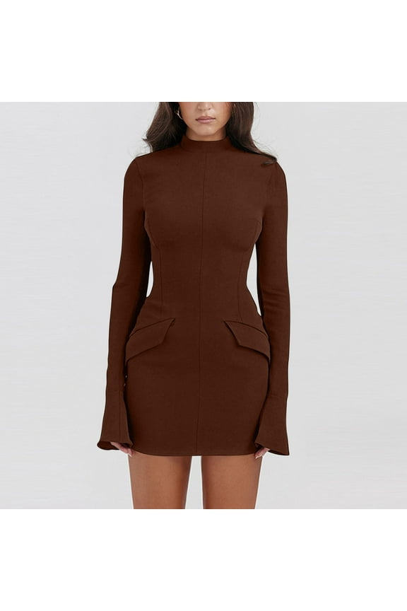 Sexy Dresses Valentine Dresses for Girls Bodycon Plus Size Dresses Brown Long Sleeve Mock Neck Sweater Dress,L