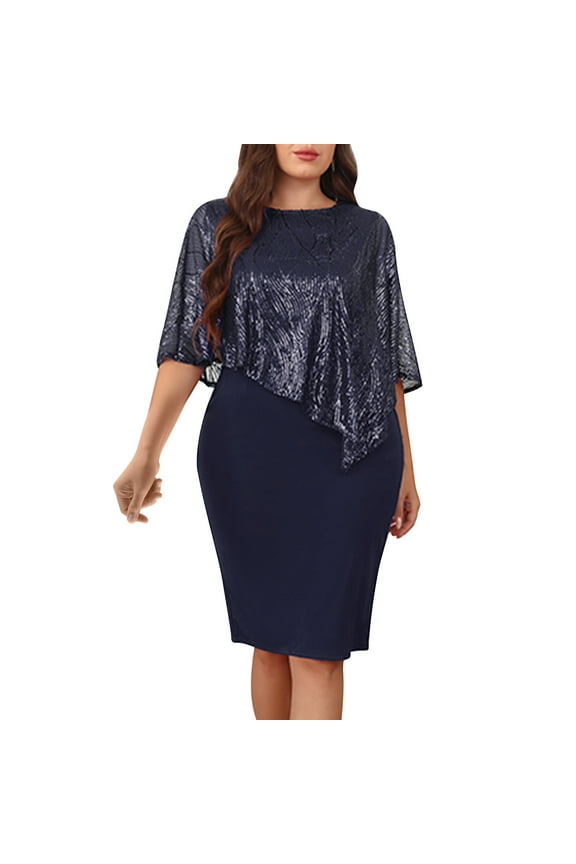 Sexy Dresses for Women Mesh Twofer Bodycon Dress Cocktail-Length Elbow-Length Crew Neck Blue Spring Dress,XXL