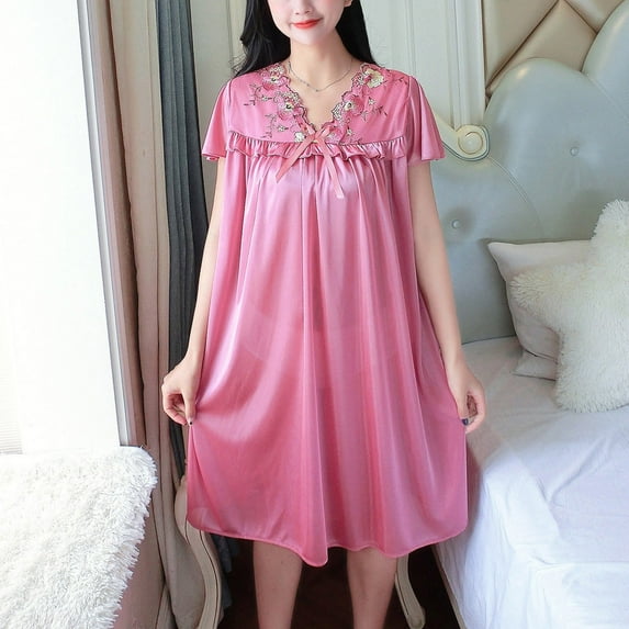 Blmnix Sexy Nightgown Womens Nightgown Sleepshirts Satin Nightgown Sleep Shirt V-Neck Knee Length Pink Short Sleeve Womens Nightgowns Sexy,Free Size