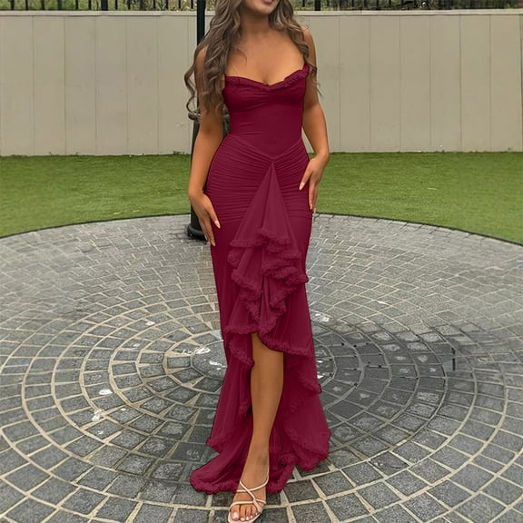 Blmnix Sexy Valentine Dresses for Women Bodycon High-Low Skirt Maxi Red Sleeveless Sweetheart Girls Dress,L