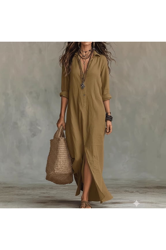 Shift Dress Women Button Down Long Dress Petticoat Collared Maxi 3/4 Sleeve Yellow Antimicrobial Protection Spring Dresses for Women 2026,M