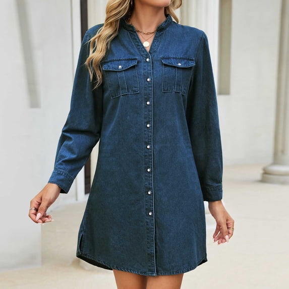 Blmnix Shift Ladies Dresses Denim Dress Button Down Jean Dress V-Neck Long Sleeve Blue Mini Adaptable Summer Dresses M