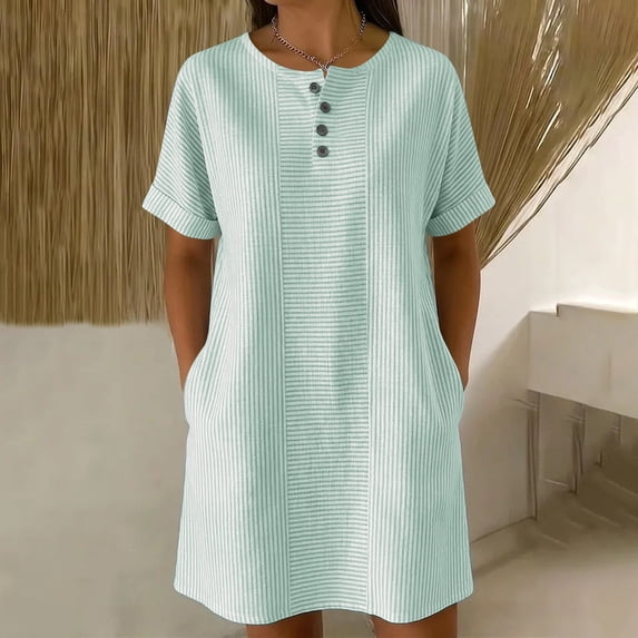 Blmnix Shift Woman Dress Button Down with Pockets Striped Dress Under Dress Green Crew Neck Mini Short Sleeve Adaptable Ladies Summer Dresses S
