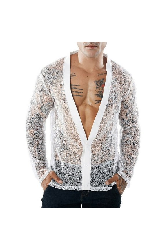 Shirts for Men Big And Tall Hawaiian Shirt Muscle T shirt Long Sleeve White Deep V-Neck Cotton Shirts for Men,L