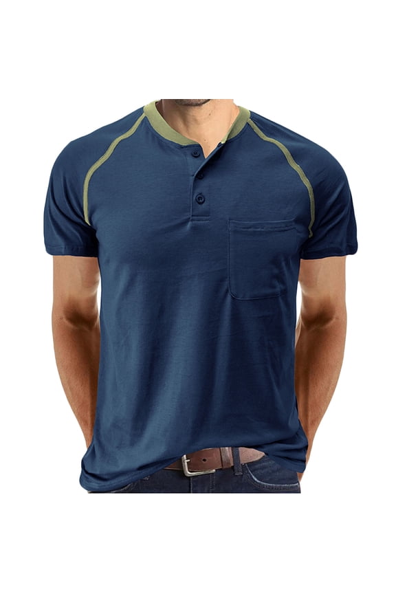 Shirts for Men Work Shirts Ringer Cotton T Shirts Tshirt Henley Blue Short Sleeve Running Shirts for Men,L