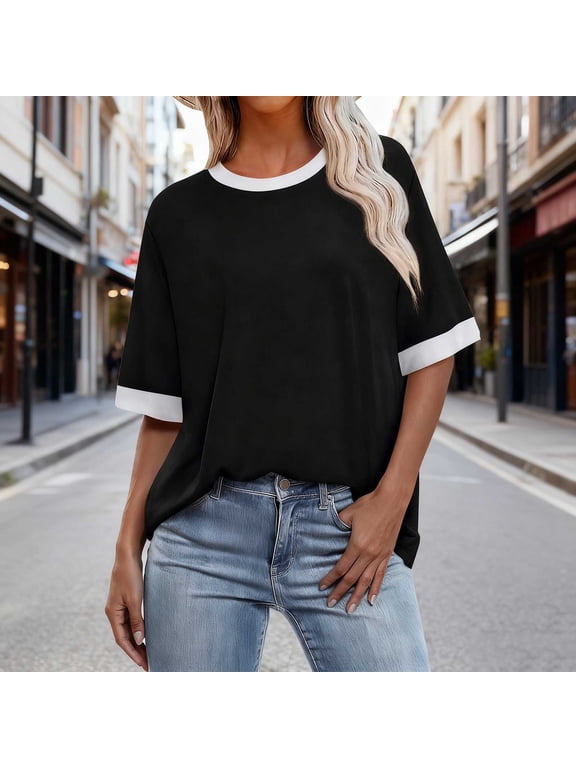 Shirts for Women Cotton Blouses Plus Size Tops Raglan Shirt Black Elbow-Length Crew Neck St Patricks Day Shirt Women,M