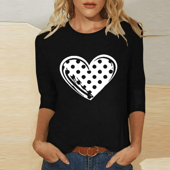 Blmnix Shirts for Women Crew Neck Love heart Black Valentine Black 3/4 Sleeve Crew Neck Womens Spring Blouses
