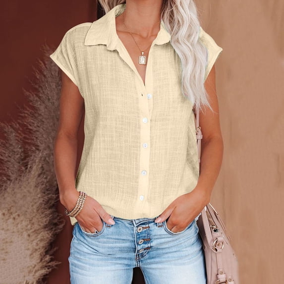Blmnix Shirts for Women Linen Shirts Raglan Button Up T Shirt Beige Collared Short Sleeve Womens Spring Tops,M