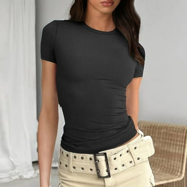 Blmnix Short Sleeve Casual Tops for Women 2024 Solid Basic Ribbed Crew Neck T-Shirts Fashion Blouses