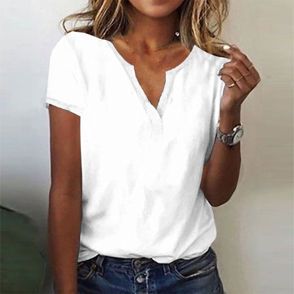 Blmnix Short Sleeve Casual Womens Tops 2024 White V Neck Loose Solid Basic T-Shirts Fashion Blouses