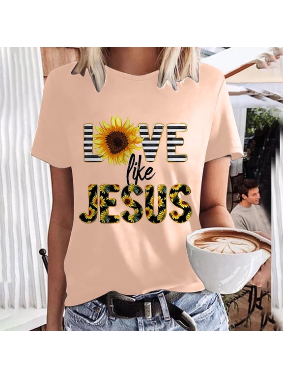 Blmnix Short Sleeve Casual Womens Tops Trendy Graphic Loose Crew Neck Jesus T-Shirts Shirts 2024