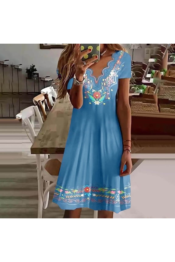 Blmnix Short Sleeve Dresses for Women Autumn Blue Elegant Mid-Length Elegant Floral Shift Fashion Girls Dresses