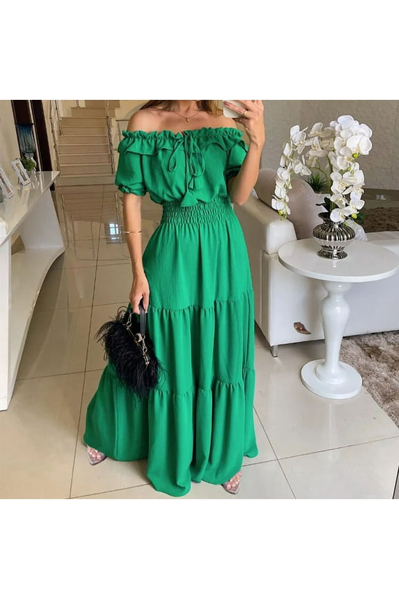 Blmnix Short Sleeve Women Dresses Trendy Sexy Maxi Green Solid Off The Shoulder Fit & Flare 2024 Skirts