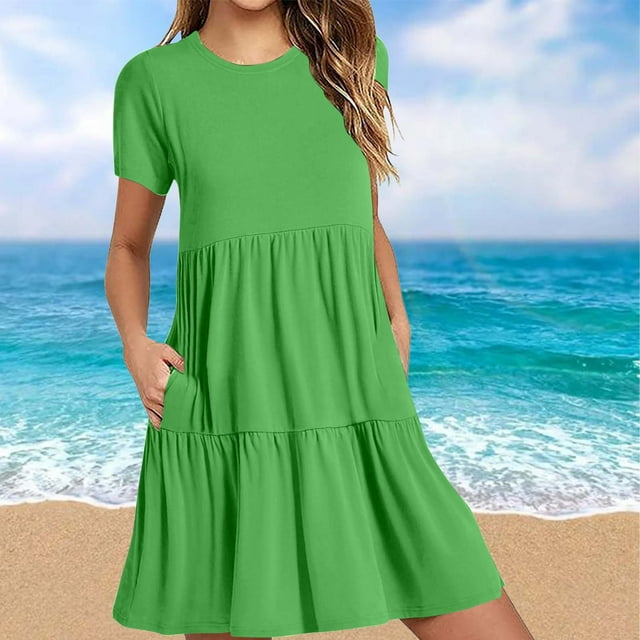 Blmnix Short Sleeve Dresses for Women Trendy Mini Green 2024 Modest ...