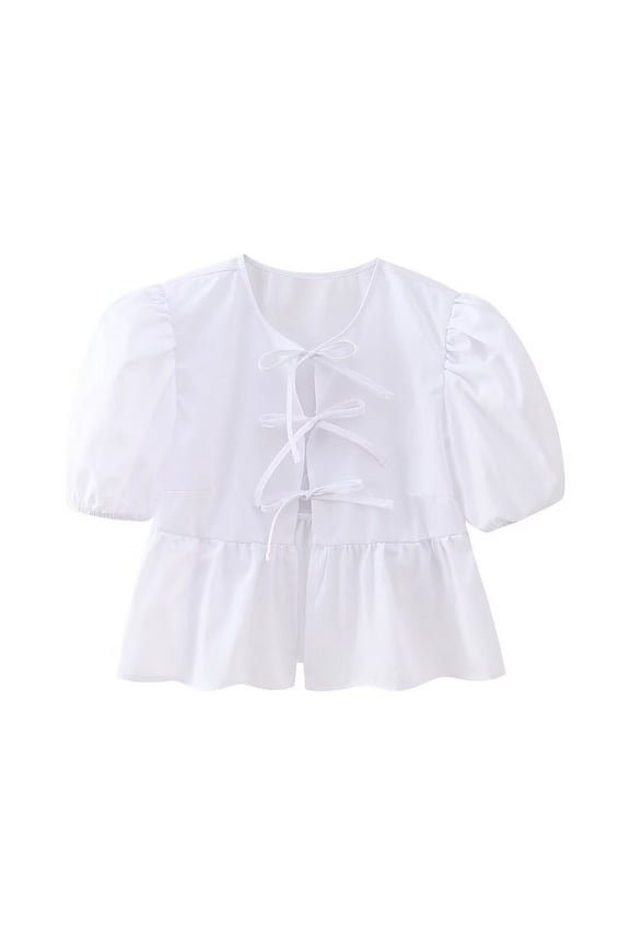 Blmnix Short Sleeve Fashion Womens Tops 2024 White Solid Puff Sleeve Crew Neck Cute Peplum Casual Blouses