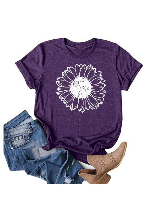 Blmnix Short Sleeve Tops for Women 2024 Purple Crew Neck Loose Floral Graphic T-Shirts Tees Trendy