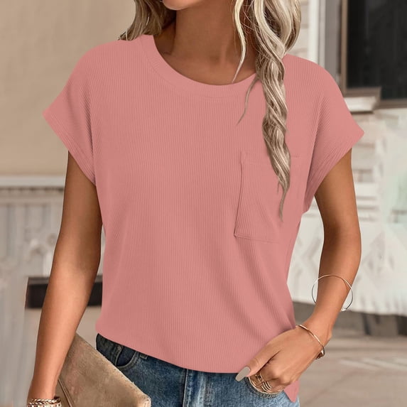 Blmnix Short Sleeve Tops for Women Summer Pink Solid Vacation Casual Ribbed Blouse Womens Tops Trendy