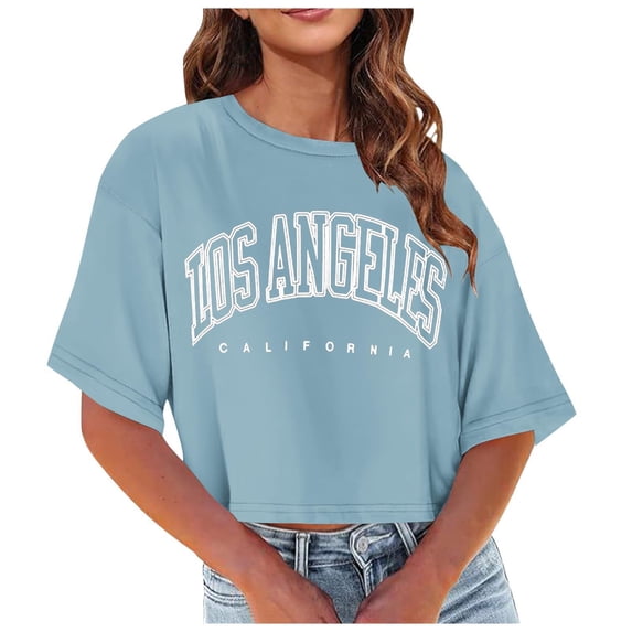 Blmnix Short Sleeve Womens Tops Blue Fall Crew Neck Crop Letter Los Angeles Casual Tops for Girl Trendy