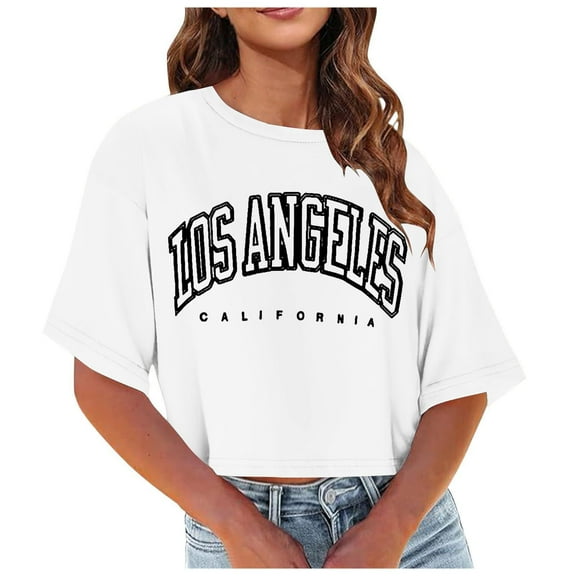 Blmnix Short Sleeve Womens Tops Fall White Los Angeles Crop Crew Neck Casual Letter Teens Tops Fasion