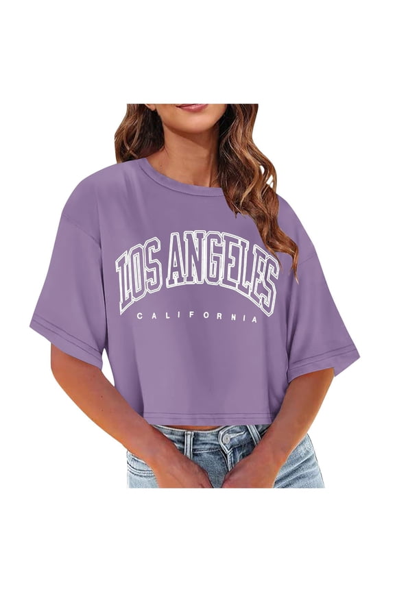 Blmnix Short Sleeve Womens Tops Spring Purple Crew Neck Crop Casual Los Angeles Letter Teens Tops Trendy