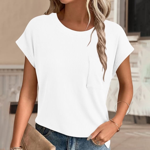 Blmnix Short Sleeve Womens Tops Spring White Vacation Ribbed Solid Casual Blouse Teens Tops Trendy