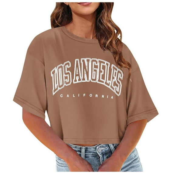Blmnix Short Sleeve Womens Tops Yellow Summer Letter Los Angeles Crew Neck Casual Crop Tops for Girl Fall