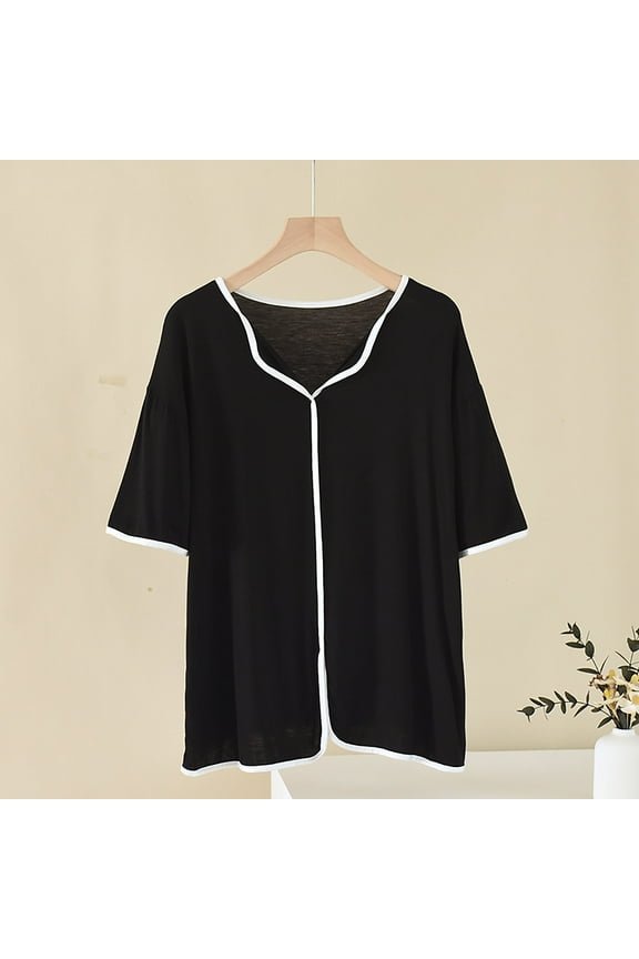 Silk Pajamas Valentines Pjs Sleep Tops Plus Size Shirts Short Sleeve V-Neck Black Valentine Pjs,XXXXL