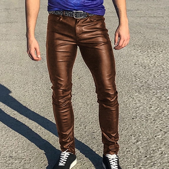 Blmnix Skinny Mens Pants Vintage Pants Leather Pants Pleated Jeans Low Waisted Brown Long Slim-Leg Casual Pants for Men,M
