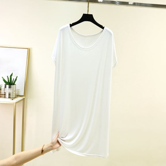 Blmnix Sleep Dress for Women Sleepshirts Bamboo Nightgown Long Nightgowns Sleep Shirt Below-the-Knee Short Sleeve Crew Neck White Oversized Sleep Shirts for Women