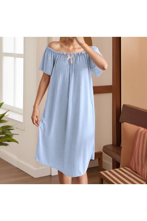 Sleep Shirts for Women Sleepshirts Babydoll Nightgown Cotton Nightgowns Nightgown Blue Below-the-Knee Boat Neck Short Sleeve Womens Nightgowns,XL