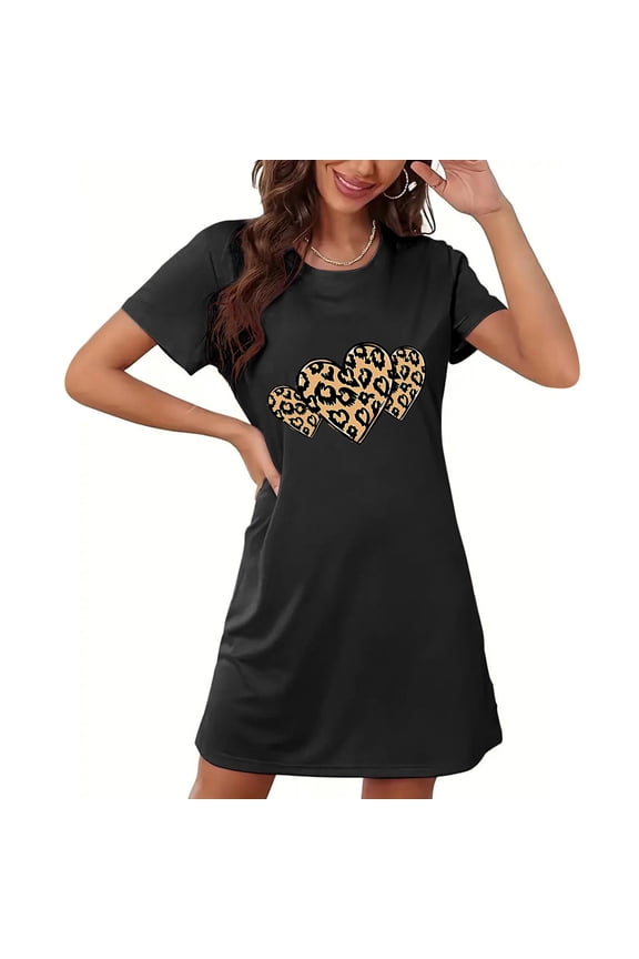 Sleep Shirts for Women Sleepshirts Chemise Nightgowns 100% Cotton Sleep Shirts Short Sleeve Black Above-the-Knee Crew Neck Sexy Nightgowns for Women,L