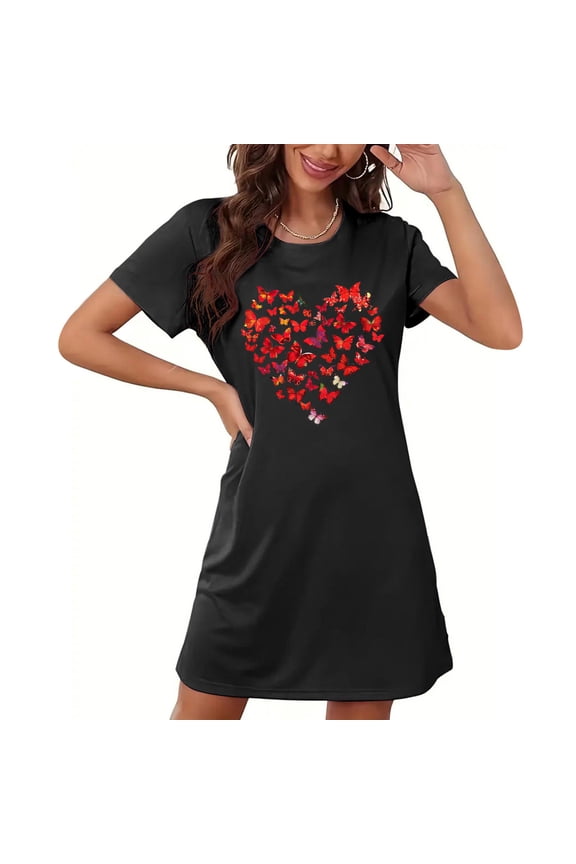 Sleep Shirts for Women 100% Cotton Chemise Nightgowns Sleepshirts Night Shirts Above-the-Knee Crew Neck Short Sleeve Black Ladies Nightgowns,S